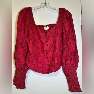 NWT Anthropologie Raspberry Red Square Neck Shirt W/Poet Sleeves Size M